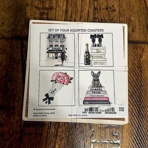 Set of 4 Coasters Amanda Greenwood Chanel J Choo Dior NWT 4”x4”